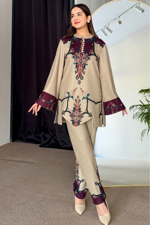 Beige Wine Cutwork Woollen Kurta Set